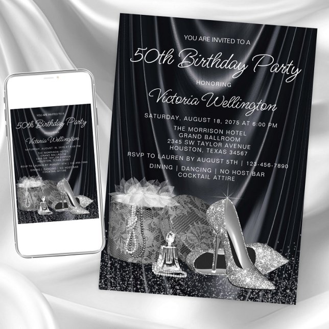 Invitation Femmes Noir Silver Chaussure N'importe quel nombre (Womans black silver birthday invitation. Instant download and printed invitations available.)