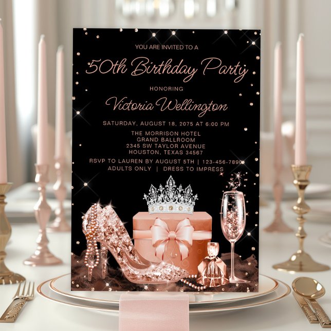 Invitation Femmes Rose Or N'importe quel nombre Anniversaire  (Elegant rose gold any event and birthday invitation. Add your details. Background color can change.)