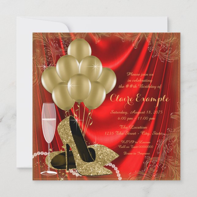 Invitation Femmes Rouge et or Anniversaire Parties scintillan (Devant)
