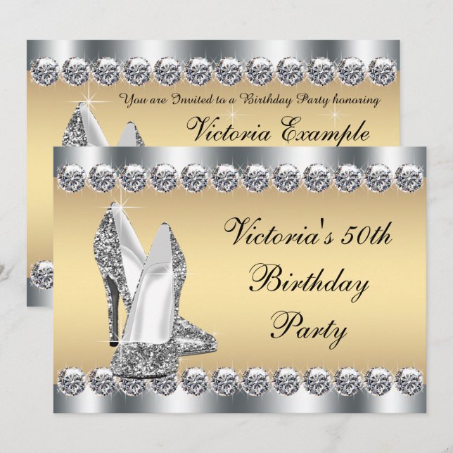 Invitation FEMMES Silver Gold Diamond Bling Anniversaire (Devant / Derrière)
