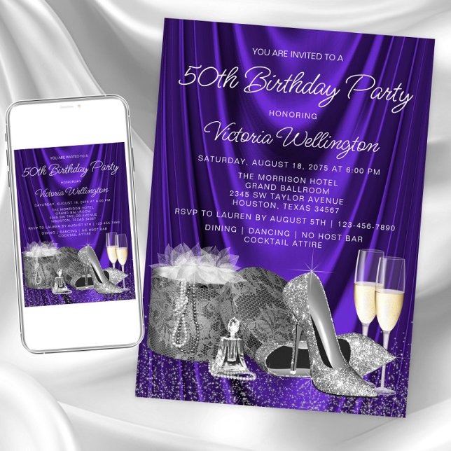 Invitation FEMMES Violet Argent Chaussure Champagne Anniversa (Womans purple silver any birthday invitation. Instant download and printed invitations available.)