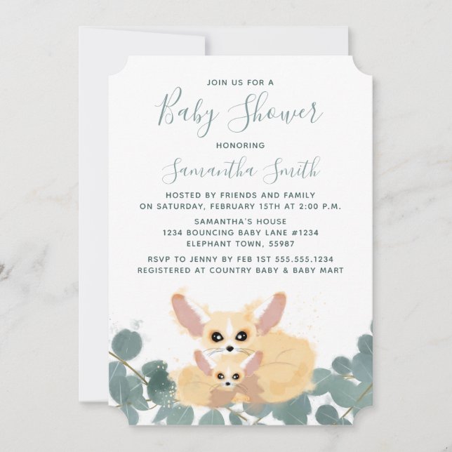 Invitation Fennec Fox Baby shower Aquarelle Verdure (Devant)