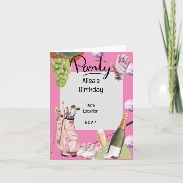 Invitation Fer de golf avec balle partout sur rose pour golfe (Devant)