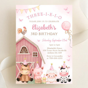 Invitation Ferme Animale Rose Trois-i-e-i-o Anniversaire