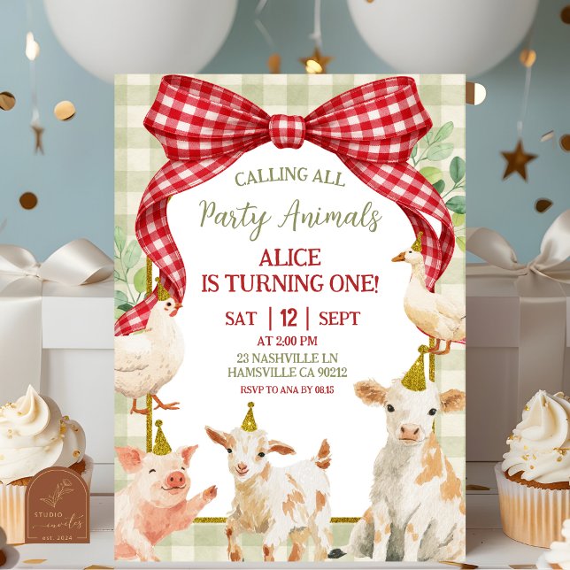 Invitation Ferme Animaux Anniversaire 1 an Ruban Gingham Roug (Créateur téléchargé)