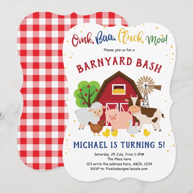 Invitation Ferme, Animaux, Barniard, Zoo de mouture, Annivers (Devant / Derrière)