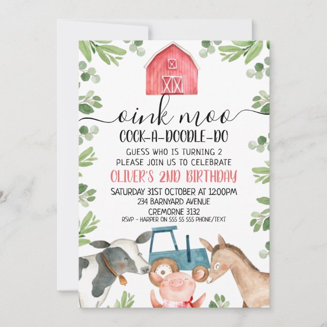 Invitation Ferme Animaux Tracteur Foliage 2e anniversaire (Devant)