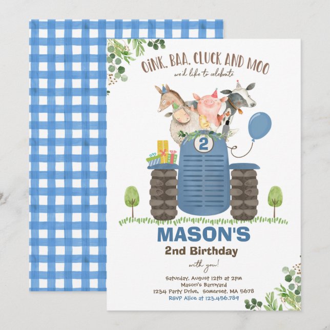 Invitation Ferme Anniversaire Garçon Vieux MacDonald Barnyard (Devant / Derrière)