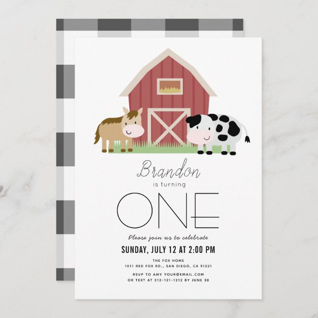 Invitation Ferme Barnyard Blanc Sexe neutre 1er anniversaire  (Devant / Derrière)