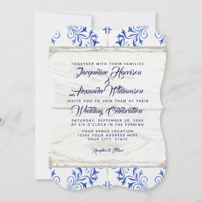 Invitation Ferme Bleu Kraft Carrelage en bois Motif Russe (Devant)