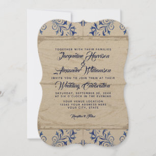 Invitation Ferme Bleu Kraft Carrelage en bois Motif Russe