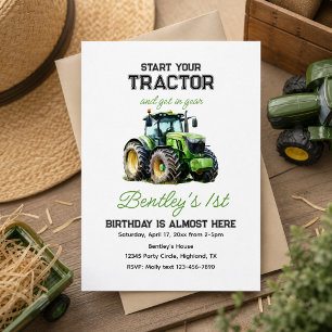 Invitation Ferme bleue amusante tracteur vert fête du premier