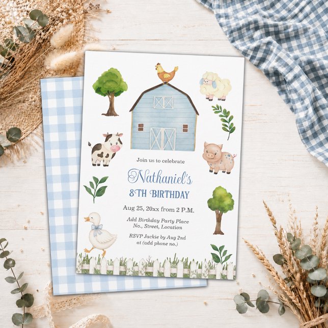 Invitation Ferme d'animaux à l'aquarelle 8e fête d'anniversai (Créateur téléchargé)