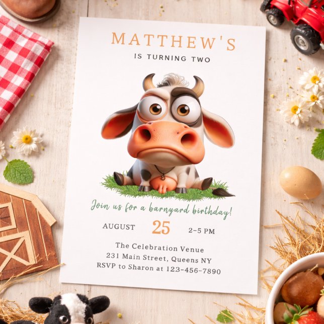 Invitation Ferme d'animaux de compagnie vache mignonne pour u (Cute Cow Farm Animals 2nd Birthday Party Invitation
)