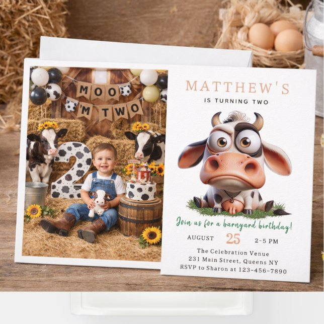 Invitation Ferme d'animaux de compagnie vache mignonne pour u (Cute Cow Farm Animals 2nd Birthday Party Invitation
)