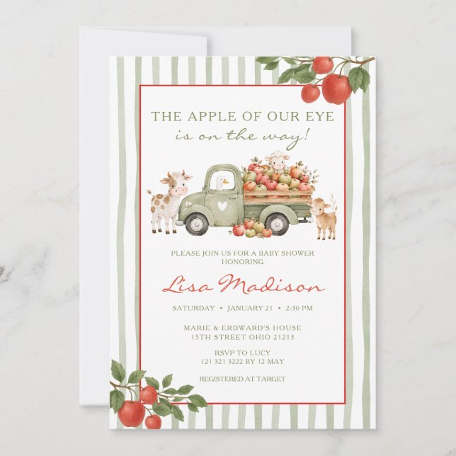 Invitation Ferme de camion de douche de bébé Apple de notre œ (Devant)