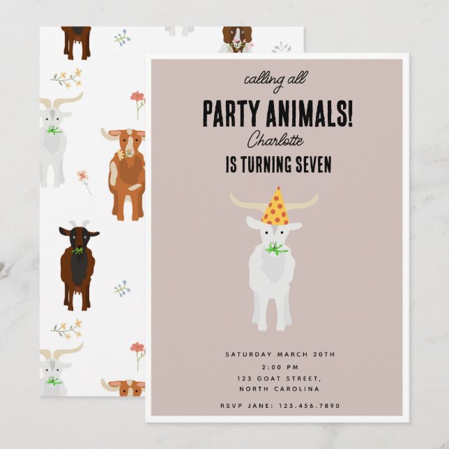 Invitation Ferme de chèvres mignons Thème d'anniversaire de c (Devant / Derrière)
