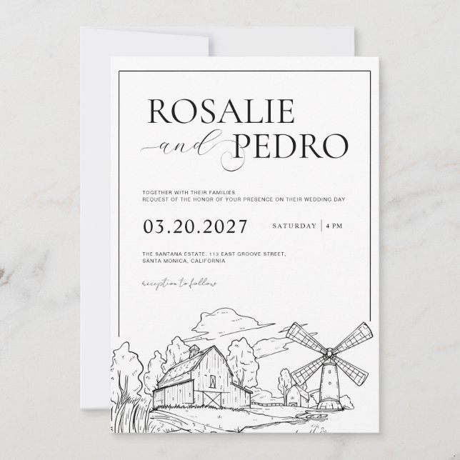 Invitation Ferme de grange blanche élégante rustique mariage  (Devant)