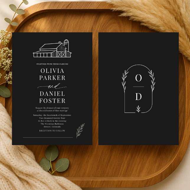 Invitation Ferme de grange Mariage Noir Blanc Art en ligne (Créateur téléchargé)