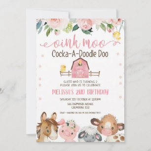 Invitation Ferme de la grange rose Fille Animaux Anniversaire