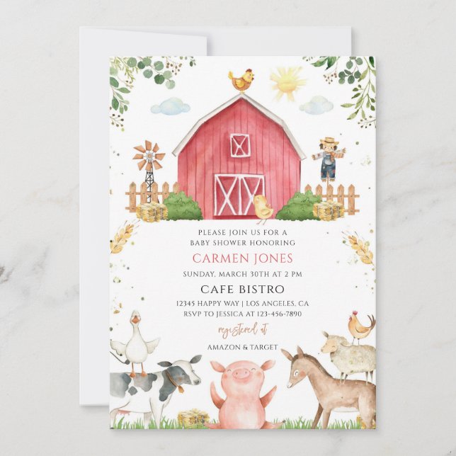Invitation Ferme de la grange rouge Baby Shower (Devant)