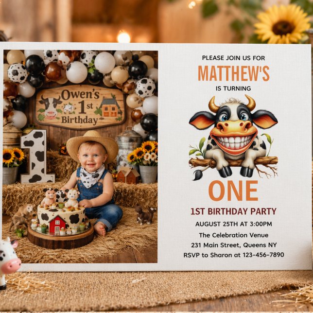 Invitation Ferme de la Vache Folle Mignonne Thème 1er Anniver (Cute Crazy Cow Farm Theme 1st Birthday Invitation
)