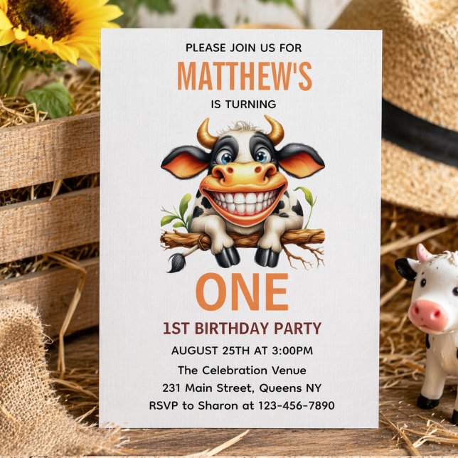 Invitation Ferme de la Vache Folle Mignonne Thème 1er Anniver (Cute Crazy Cow Farm Theme 1st Birthday Invitation
)