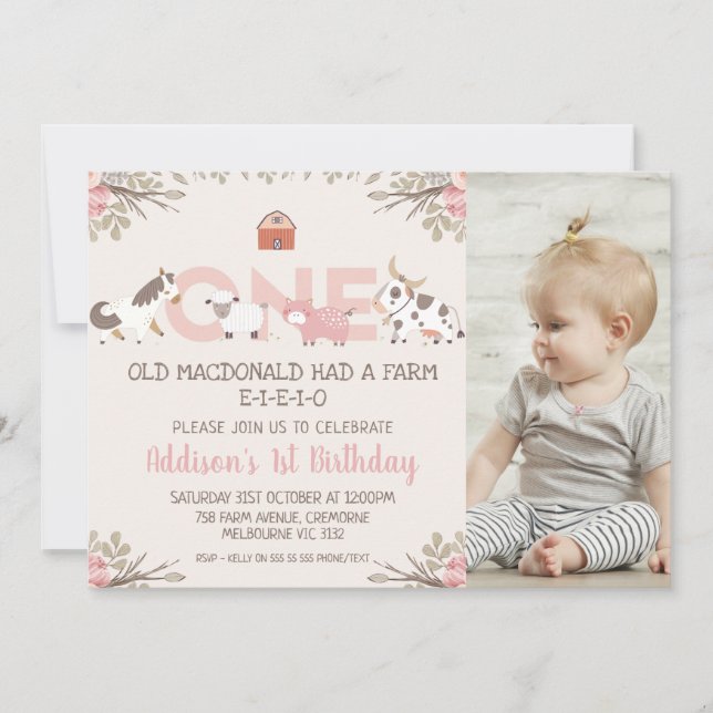 Invitation Ferme de photo rose Floral Ferme 1er anniversaire (Devant)