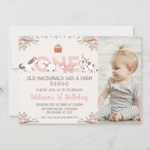 Invitation Ferme de photo rose Floral Ferme 1er anniversaire