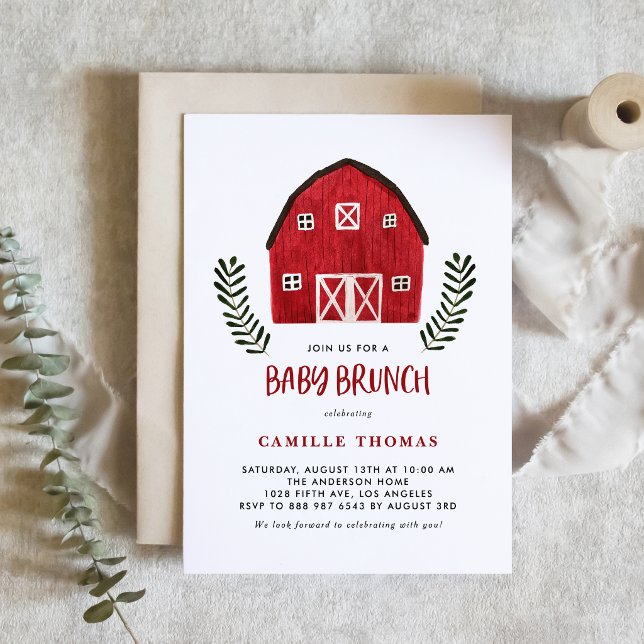 Invitation Ferme de style rustique rouge aquarelle Baby Brunc (This rustic farmhouse theme baby brunch invitation features a charming watercolor red barn.)