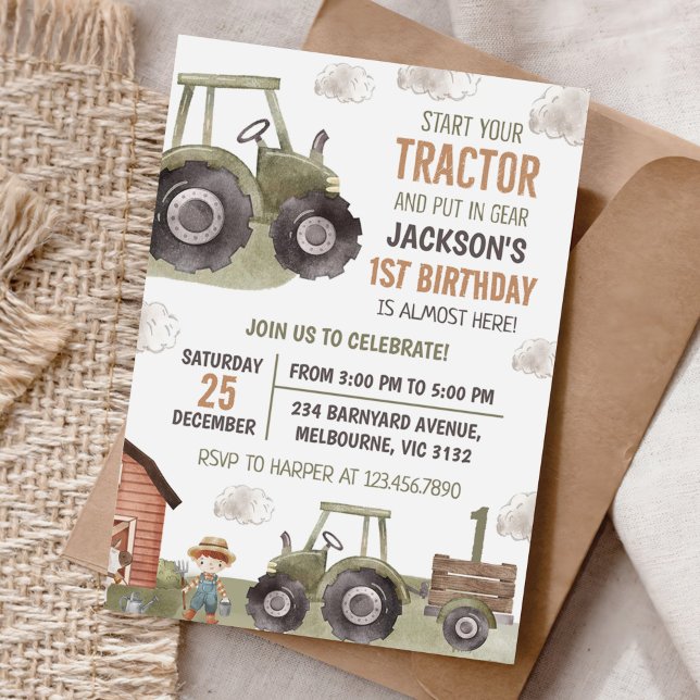 Invitation Ferme de tracteur aquarelle 1er anniversaire (Créateur téléchargé)