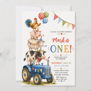 Invitation Ferme de tracteur bleu Animaux Premier anniversair