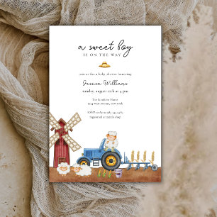 Invitation Ferme de tracteur bleu bébé mouton Baby Shower 