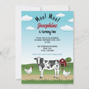 Invitation Ferme de vaches et de poules noir et blanc Anniver