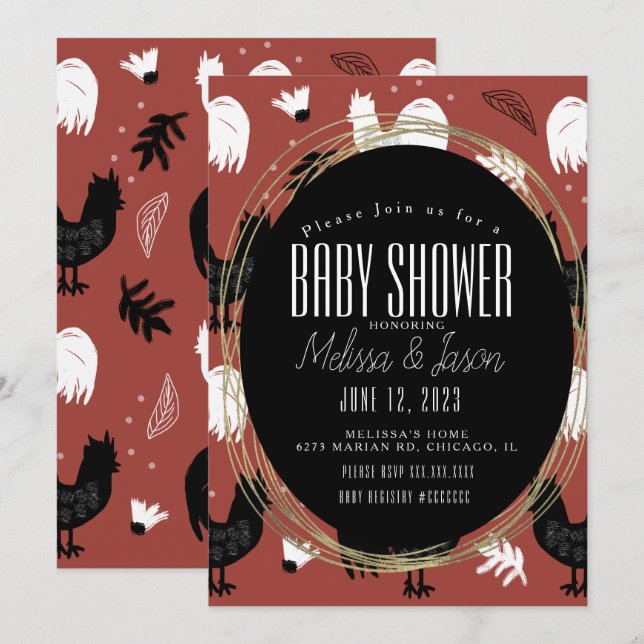 Invitation Ferme des Coqs Rustiques Motif Dessiné à la Main (Devant / Derrière)