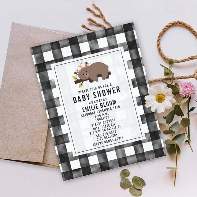 Invitation Ferme En vichy Boho Sleepy Bear Baby shower (Créateur téléchargé)
