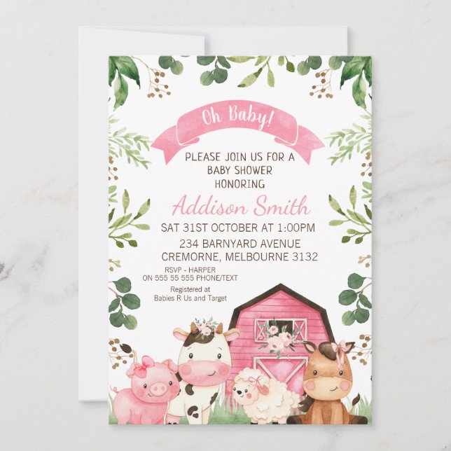 Invitation Ferme et Baby shower de grange rose Floral (Devant)
