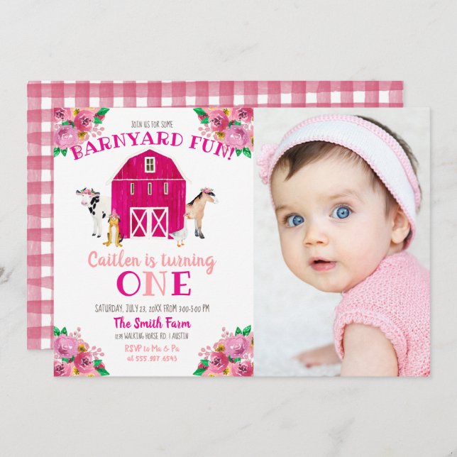 Invitation Ferme Fille Pink Barnyard Anniversaire Bash Cow Ho (Devant / Derrière)