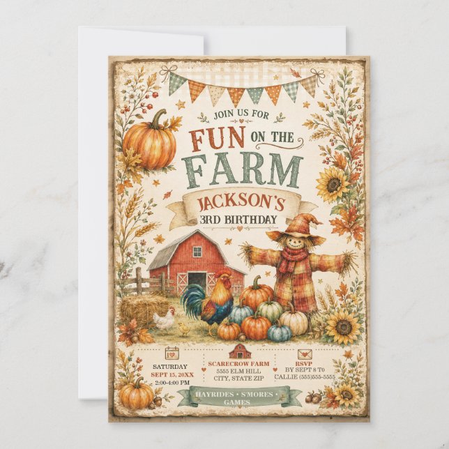 Invitation Ferme Grange Épouvantail Automne Petit Garçon 3ème (Devant)