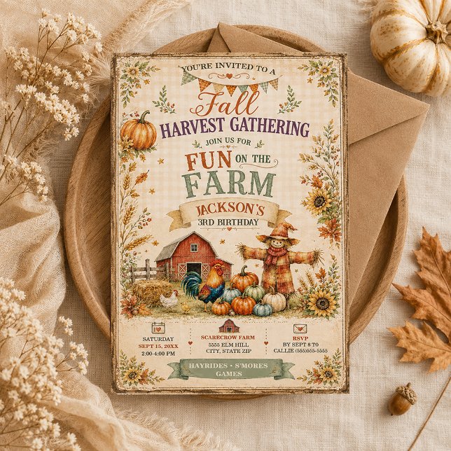 Invitation Ferme Grange Épouvantail Automne Petit Garçon 3ème (Down on the Farm 3rd birthday party invitation)