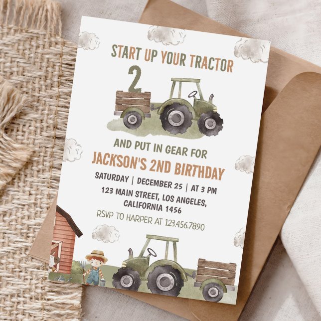 Invitation Ferme Green Tracteur 2e anniversaire (Créateur téléchargé)