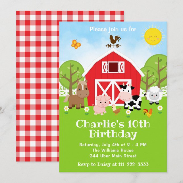 Invitation Ferme Red Barnyard Animaux fête d'anniversaire (Devant / Derrière)