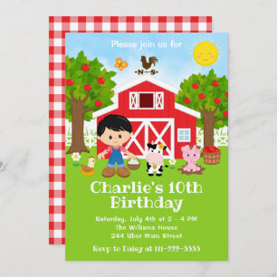 Invitation Ferme Red Barnyard Anniversaire Black Cheveux Boy