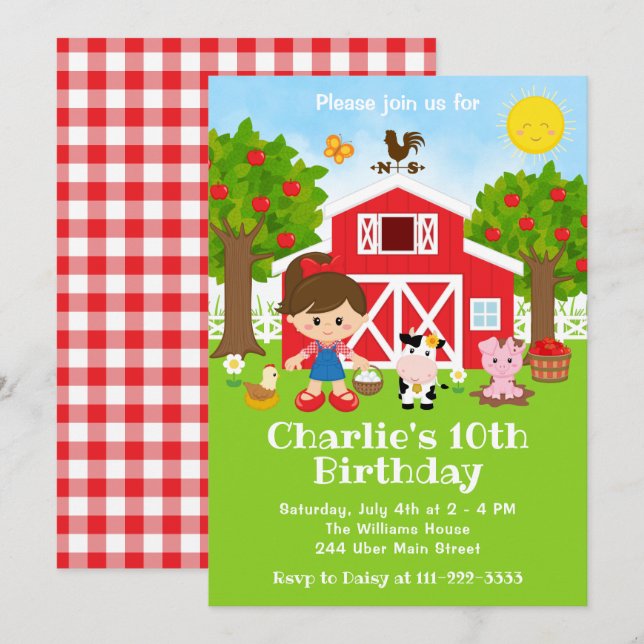 Invitation Ferme Red Barnyard Anniversaire Brown Coiffeuse (Devant / Derrière)