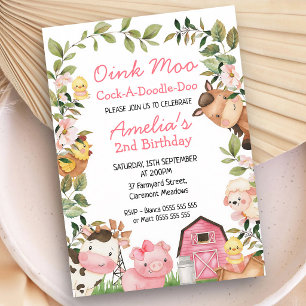 Invitation Ferme rose Animaux Fille Anniversaire