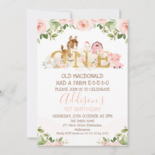 Invitation Ferme rose Floral Girls 1er Anniversaire Invitatio (Devant)