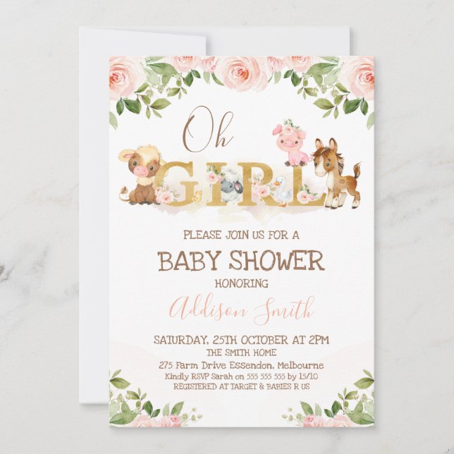 Invitation Ferme rose Floral Girls Baby shower à thème (Devant)