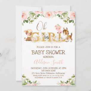 Invitation Ferme rose Floral Girls Baby shower à thème