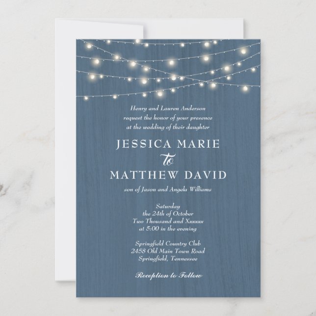 Invitation Ferme rustique Dusty Blue Fairy Lumières Mariage (Devant)