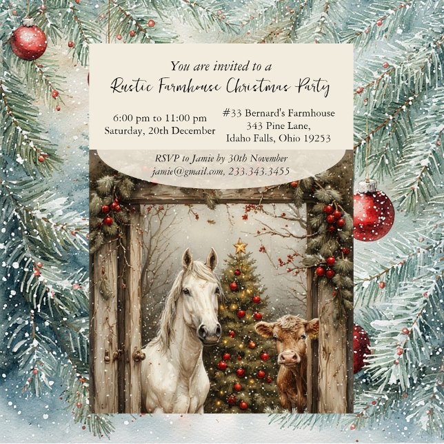 Invitation Ferme Rustique Vintage Cheval Vache Noël Fête (Vintage Rustic Farmhouse Horse Cow Christmas Party Invitation)